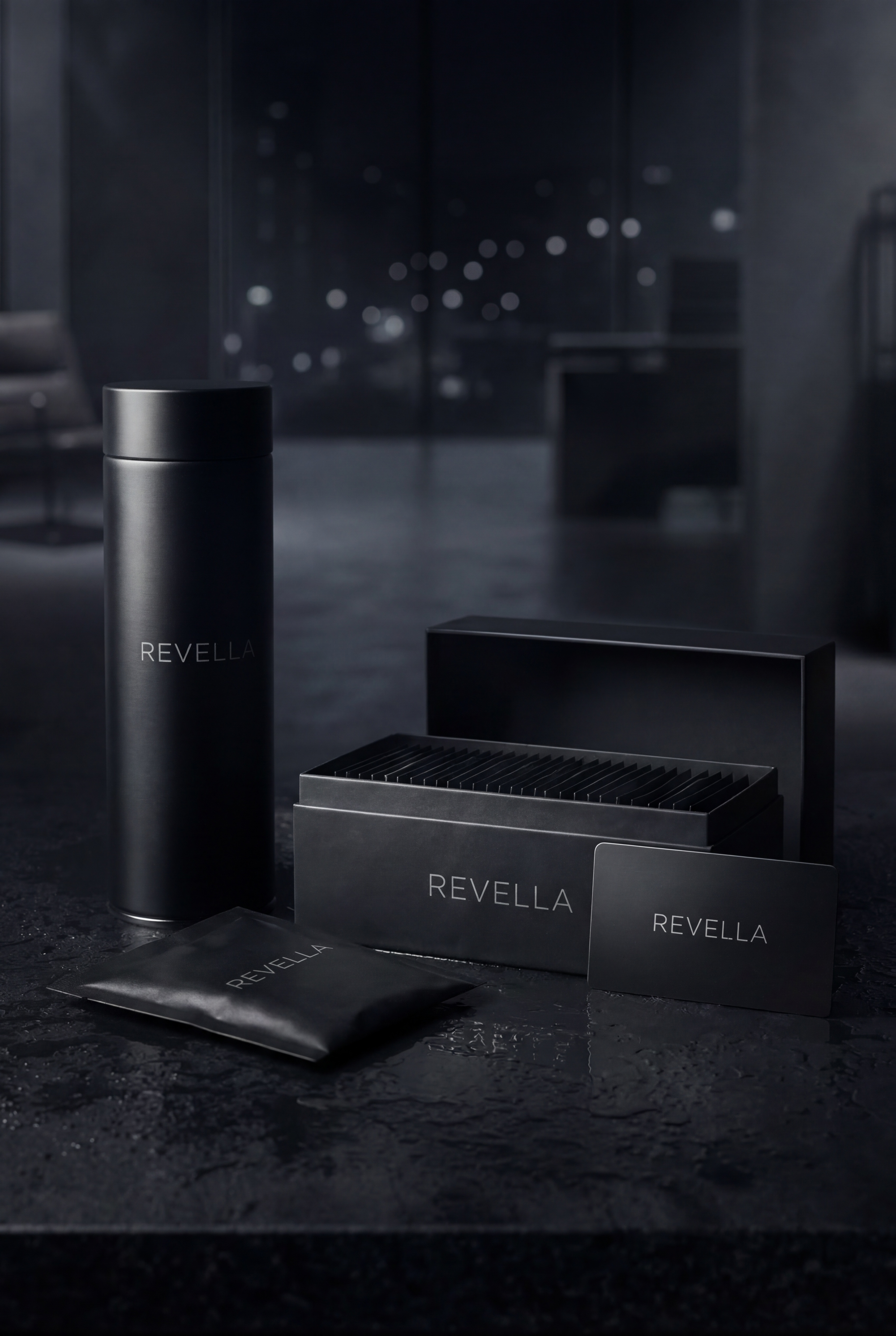 Revella Starter Kit: 28 daily sachets, matte black stainless bottle, ritual card